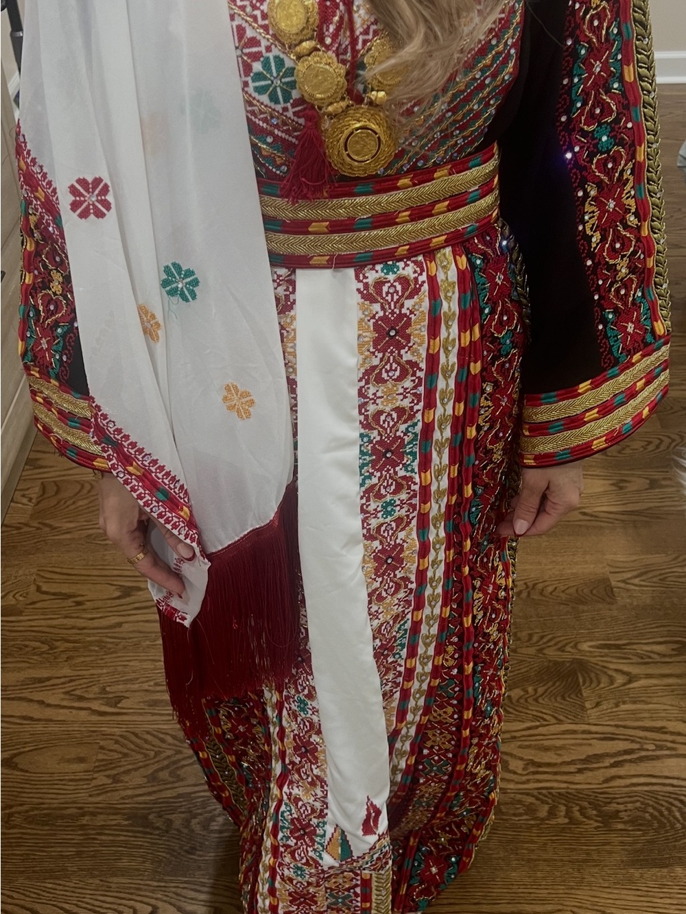Embroidered Traditional Dress with Gold Accents - Red, White, Green